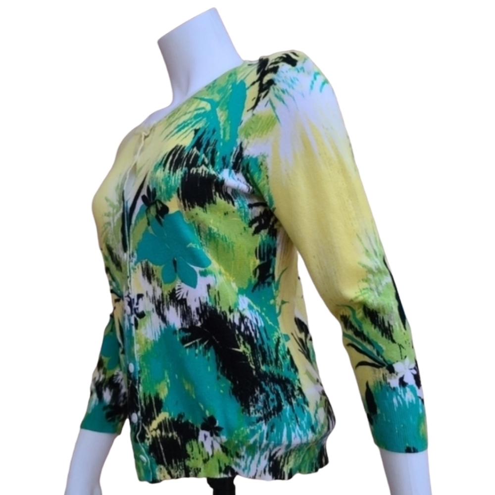 Tropical Floral Lightweight Cardigan Sweater PM Yellow Green Button Front 3/4 - Picture 6 of 15